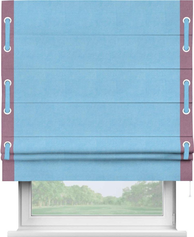 Римская штора «Кортин» с кантом Стрим Дуо (люверсы с пояском), для проема, ткань вельвет голубой